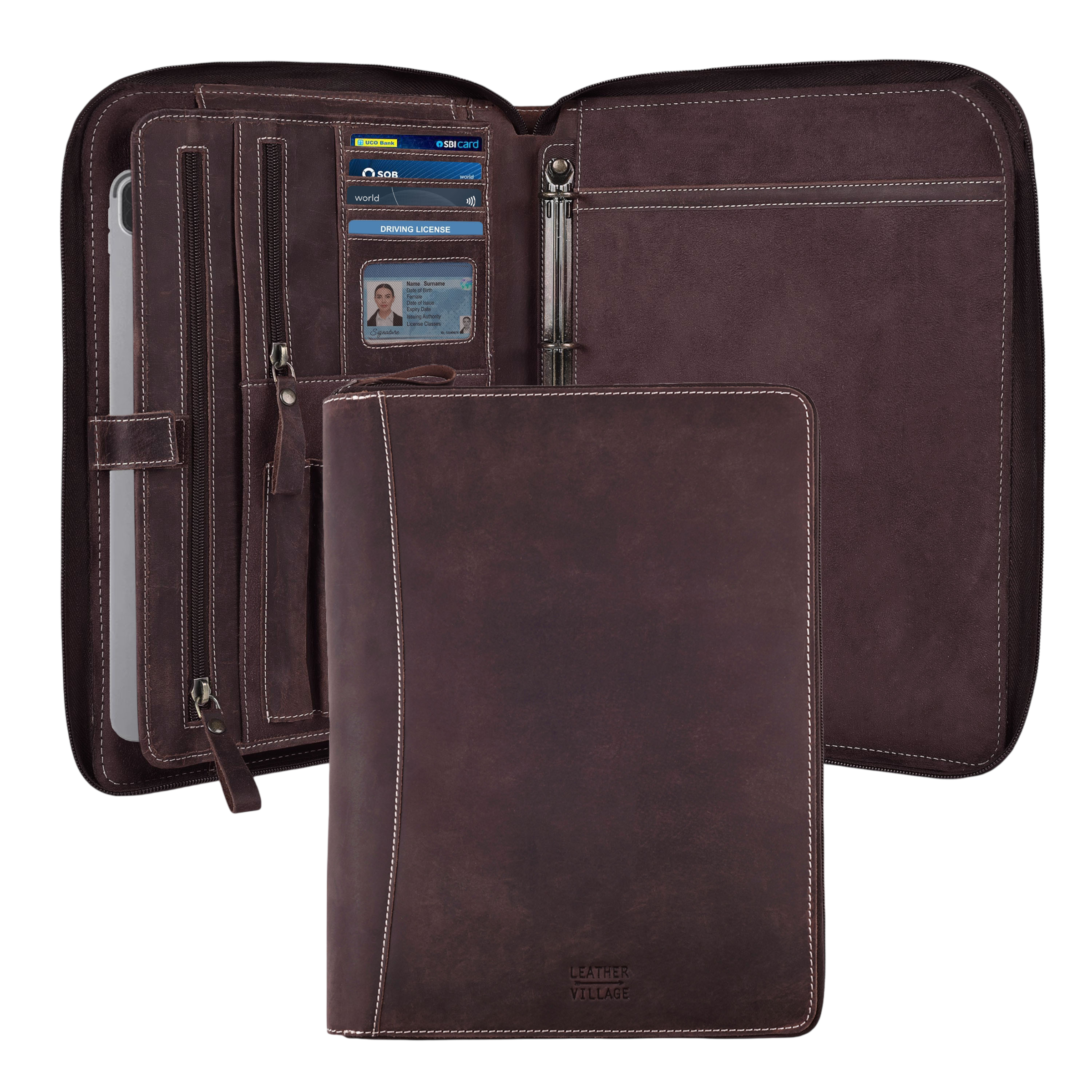 card binder organizer Business Sets At home Leather Zipper Padfolio Ring Binder