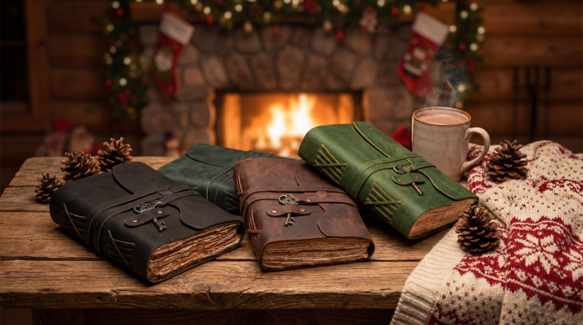 Leather Journals with keylock on wooden table