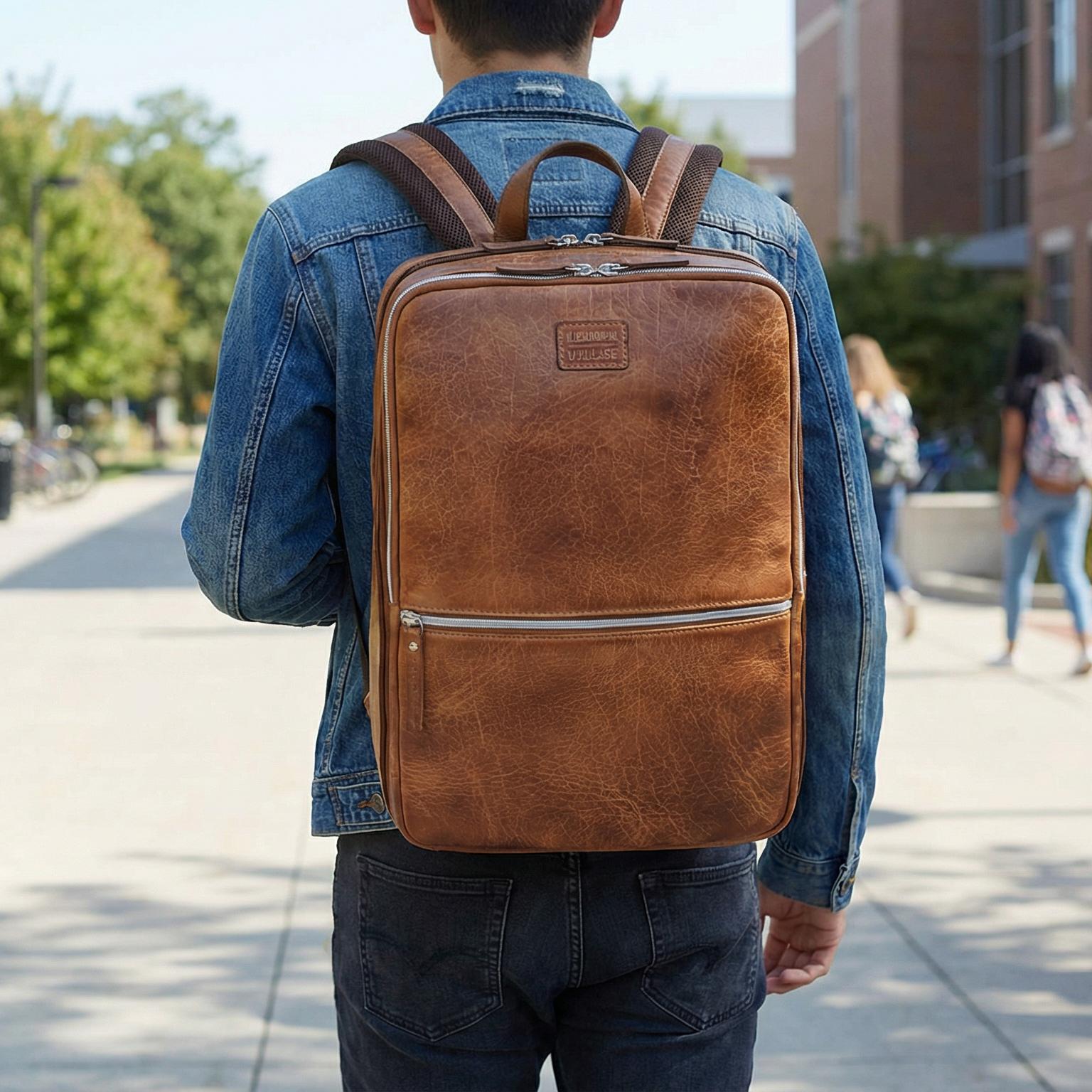 Tan Brown Leather Laptop Backpack for Work & Travel