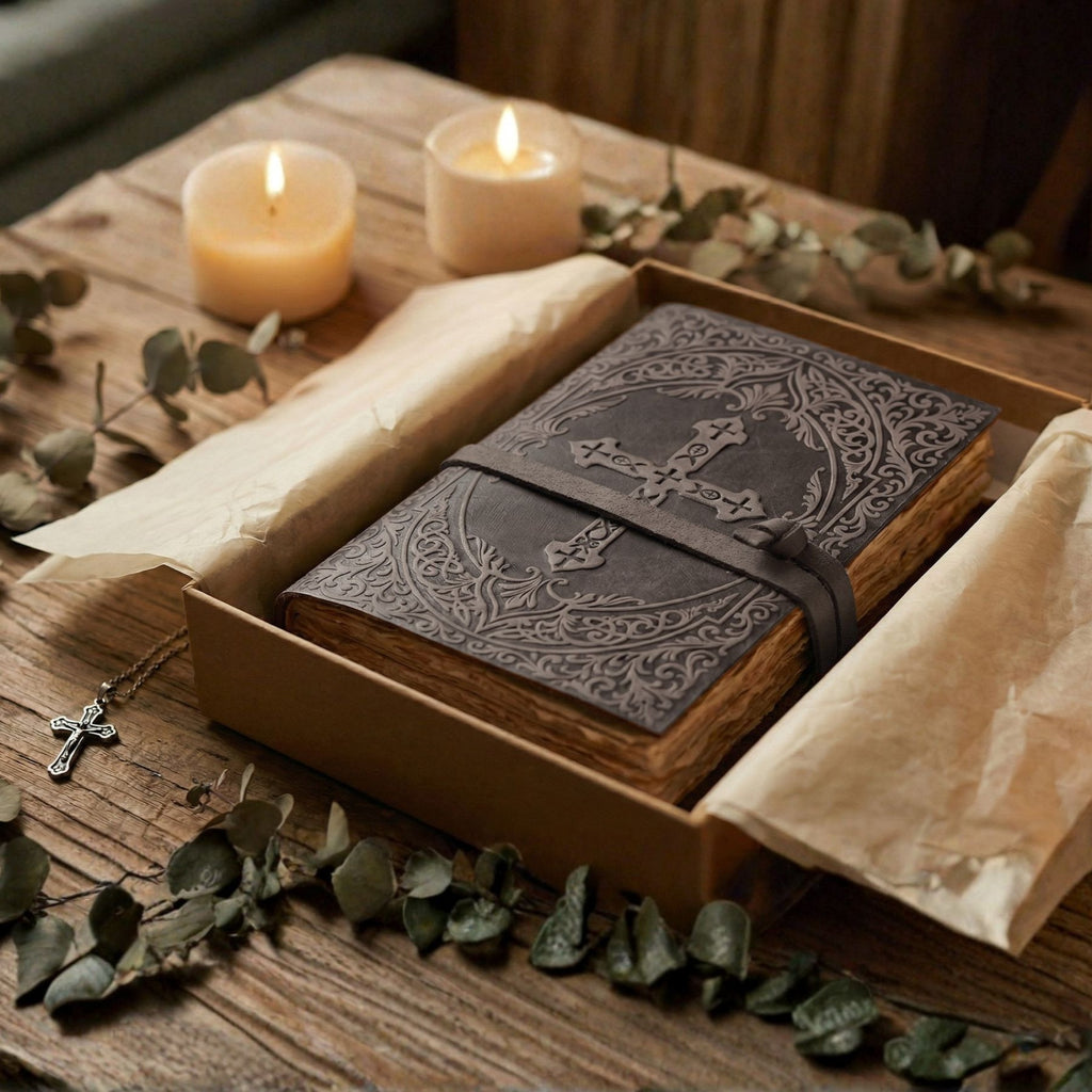 Handmade black leather Holy Bible with decorative tooling