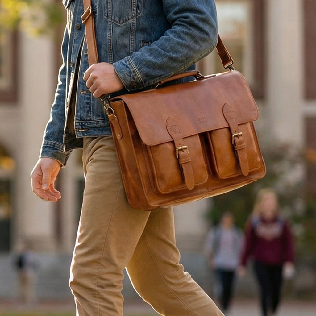 Briefcase Leather Messenger Bag - Tan