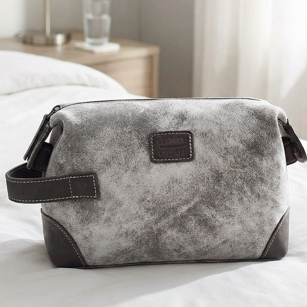 Leather Village Stylish Grey Leather Dopp Kit with Vintage Travel Inspired Design