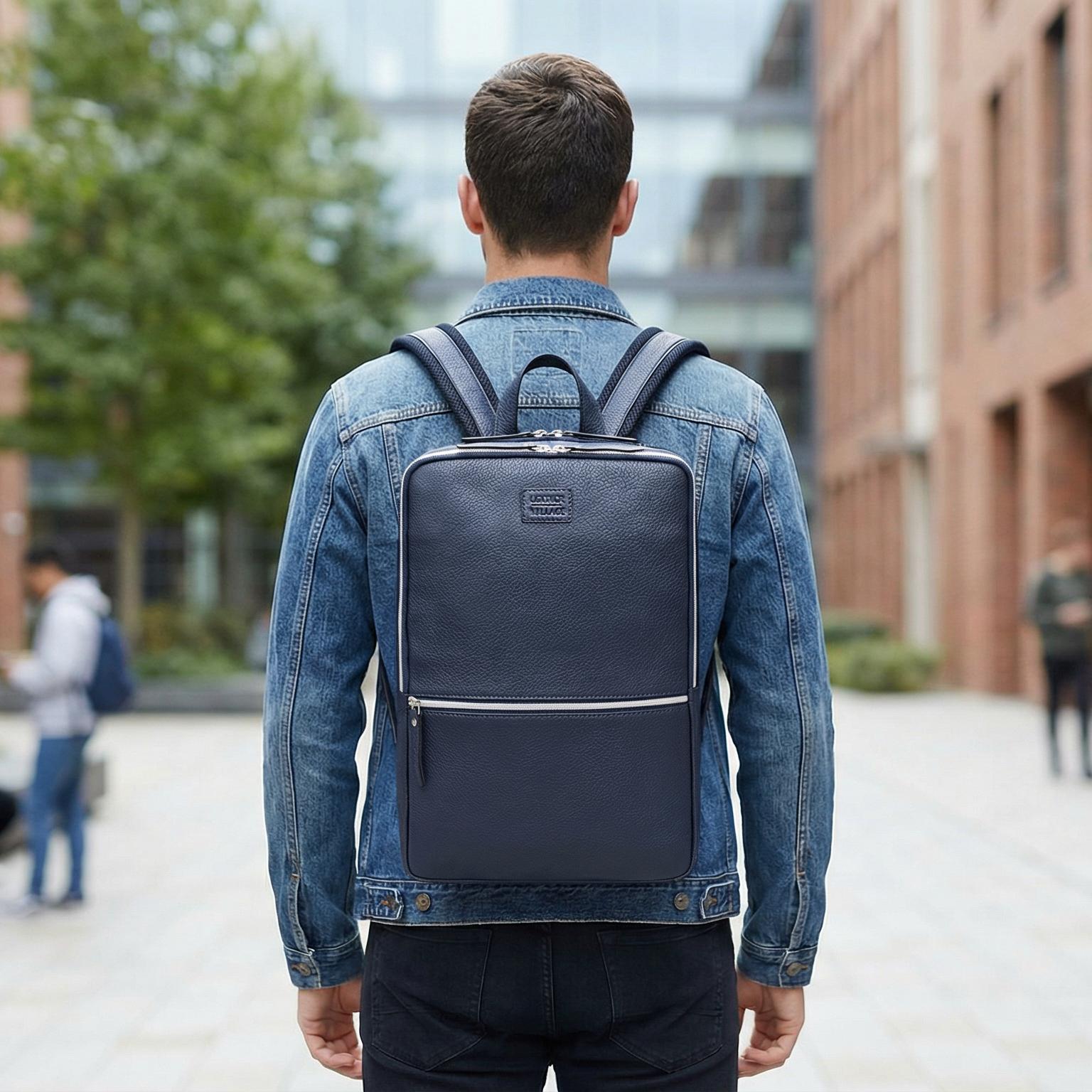 Blue Leather Leather Laptop Backpack for Men
