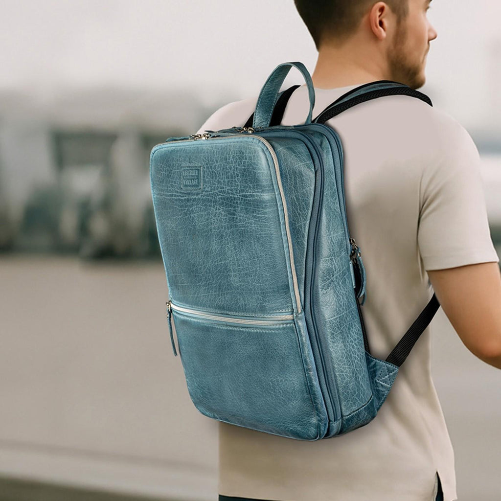 Teal Blue Leather Laptop Backpack for Work & Travel Leather Village