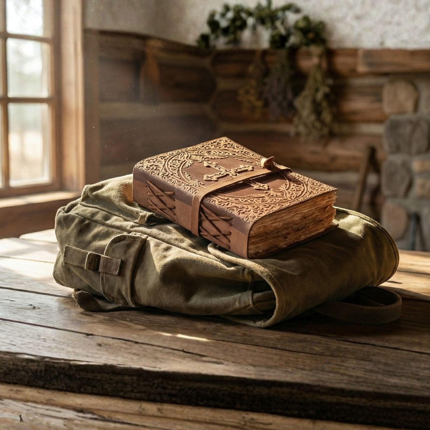 Handmade brown leather Holy Bible with decorative tooling