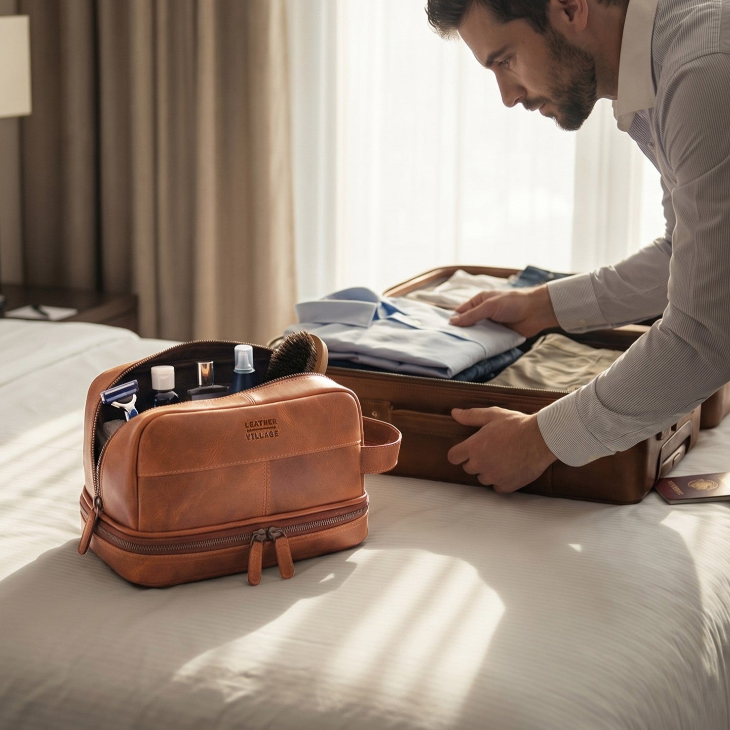 Genuine Leather Village leather travel bag for shaving and accessories