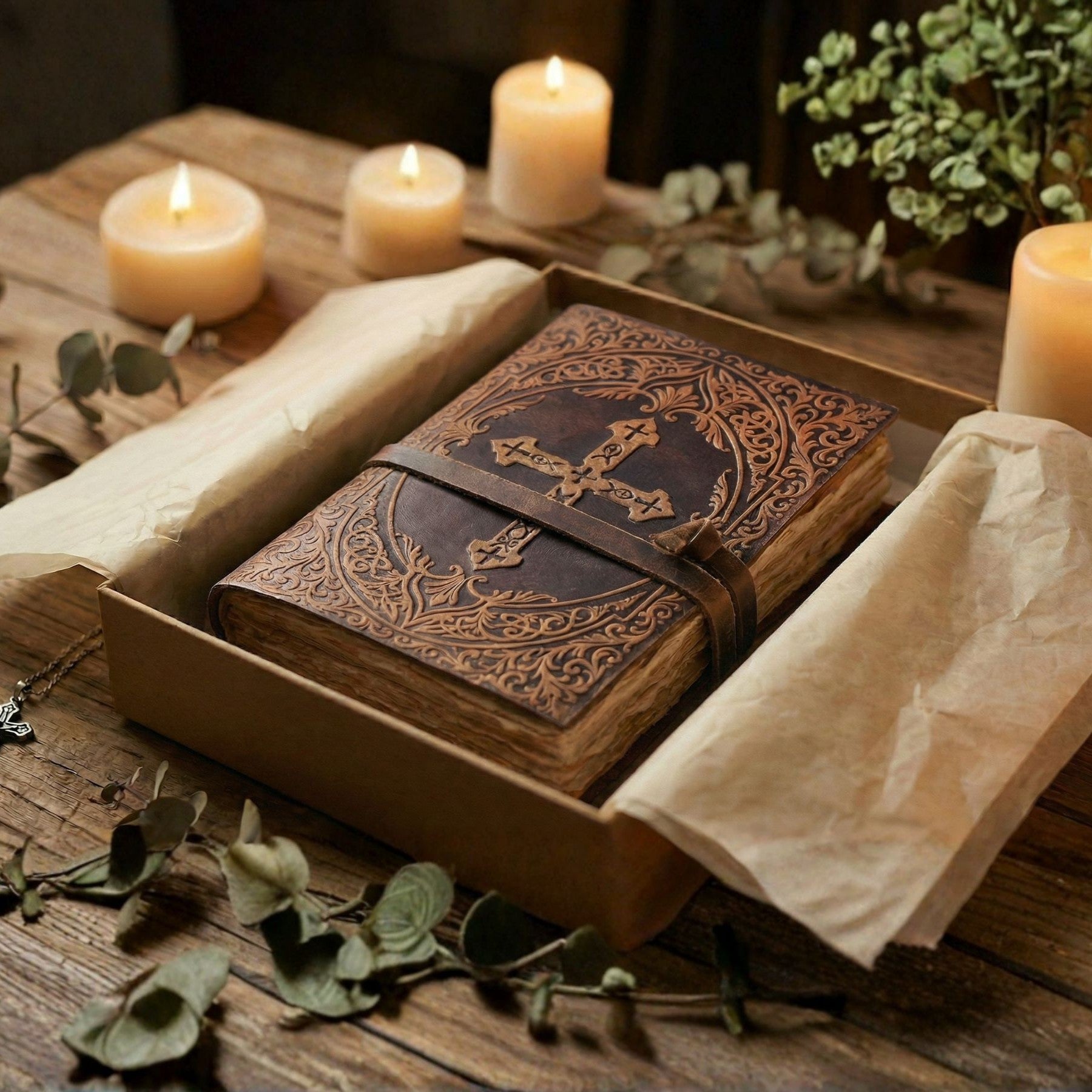 Handmade distressed brown leather Holy Bible with decorative tooling