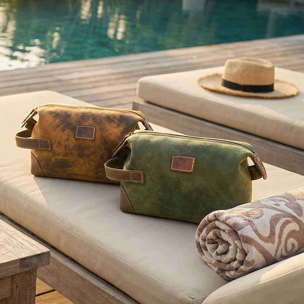 Leather Village Stylish Green Leather Dopp Kit with Vintage Travel Inspired Design