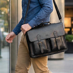 Briefcase Leather Messenger Bag - Black