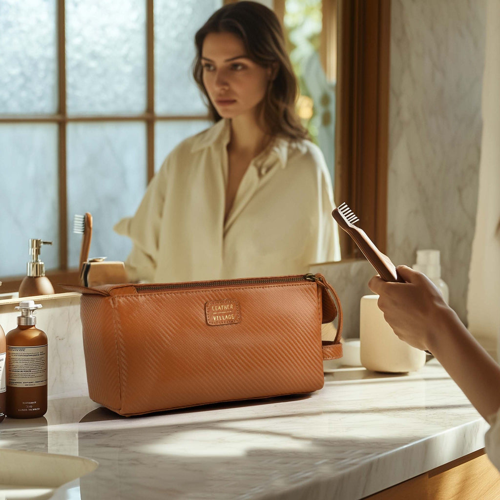 Tan Carbon Fiber  Leather Toiletry Bag For Travel