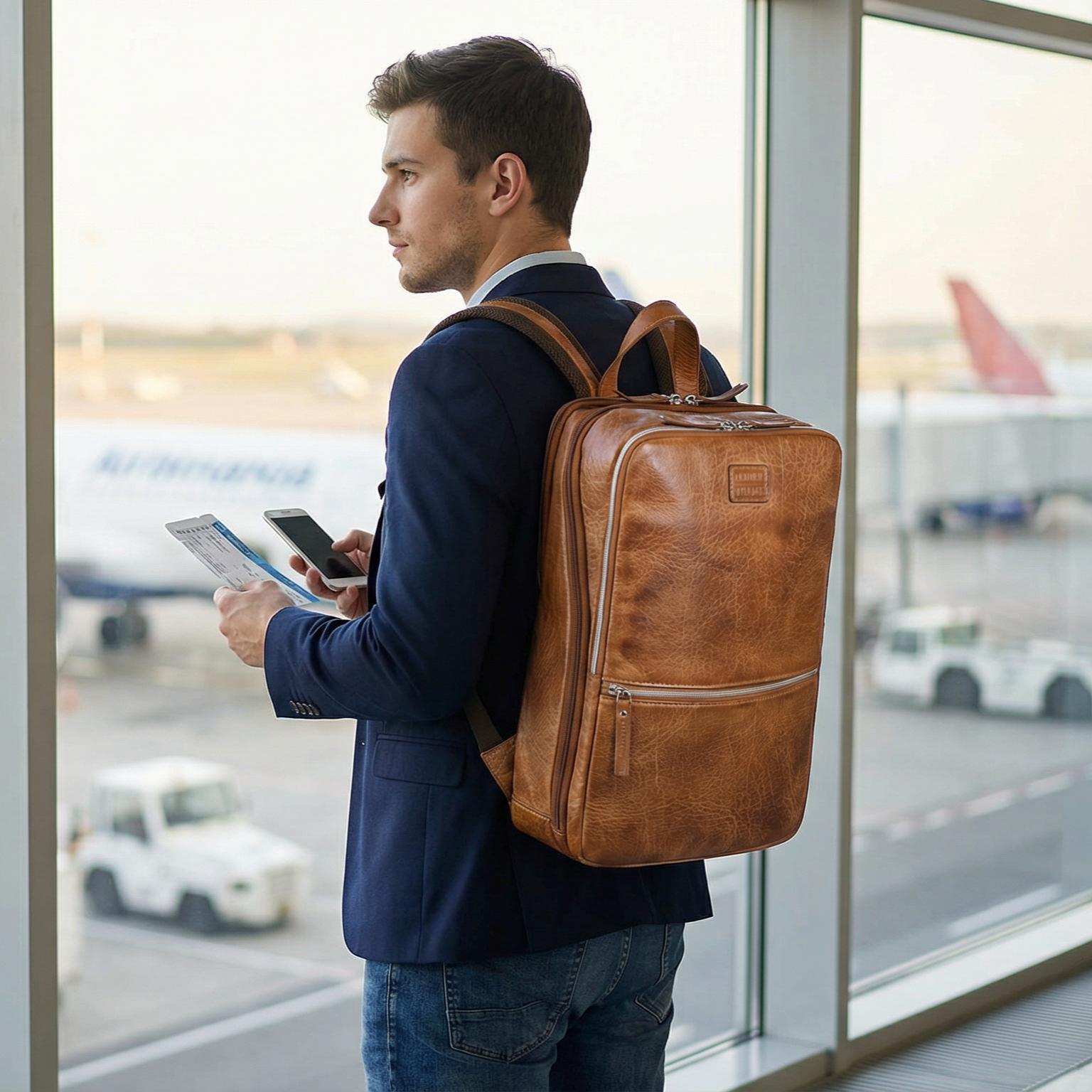 Tan Brown Leather Laptop Backpack for Work & Travel