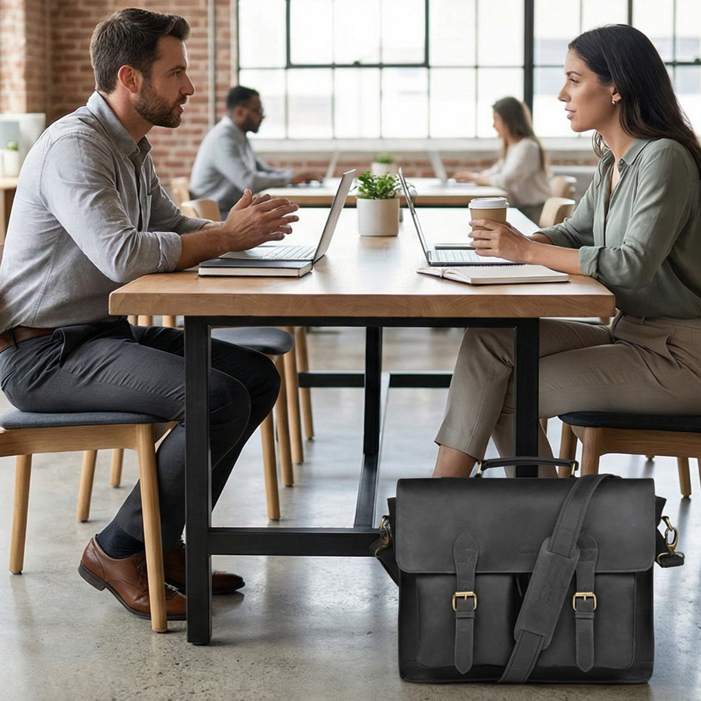 Briefcase Leather Messenger Bag - Black