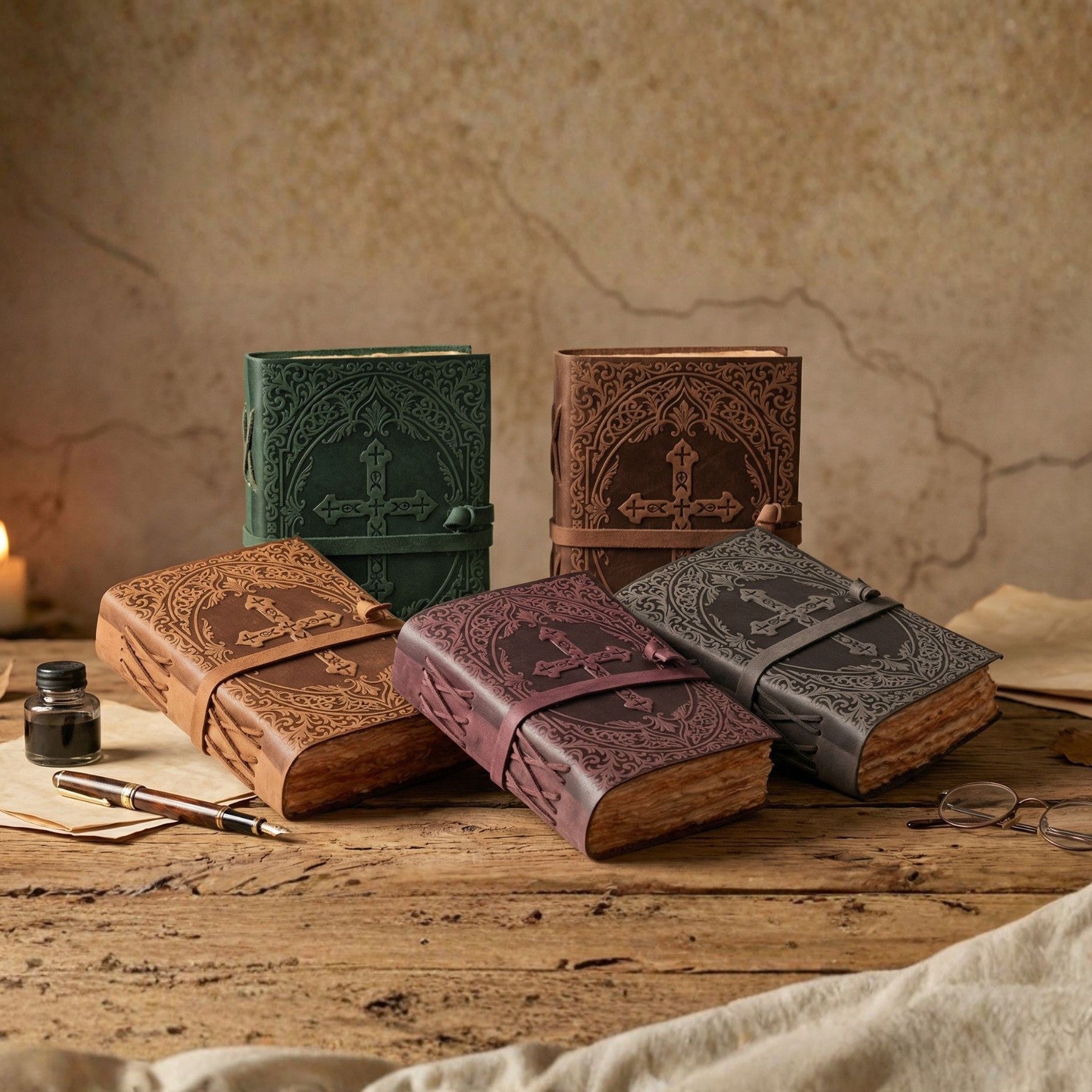 Distressed brown leather Bible with vintage inspired artwork