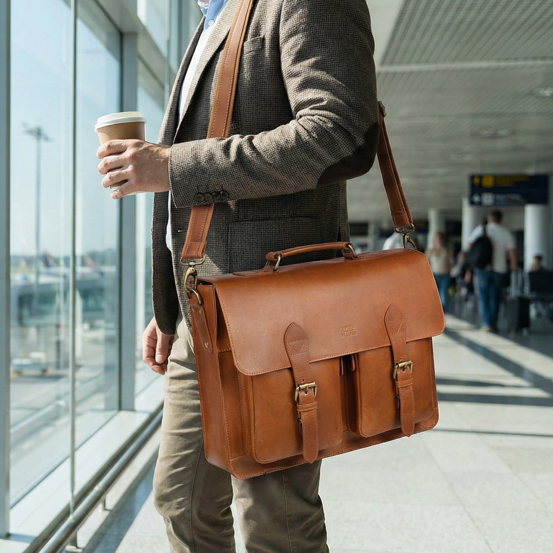 Briefcase Leather Messenger Bag - Tan