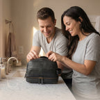 Leather Village Compact Black Leather Shaving and Cosmetic Bag