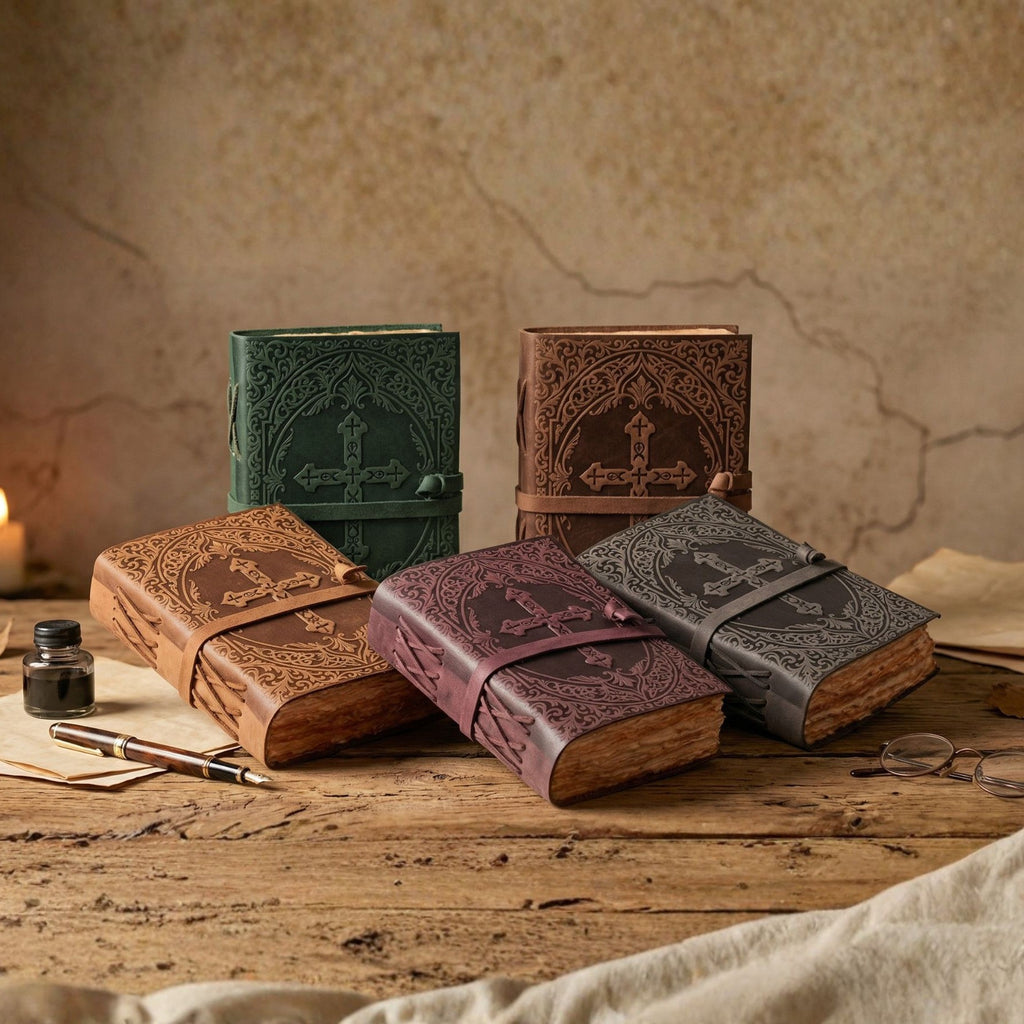 Vintage dark brown leather Bible with rustic handcrafted texture