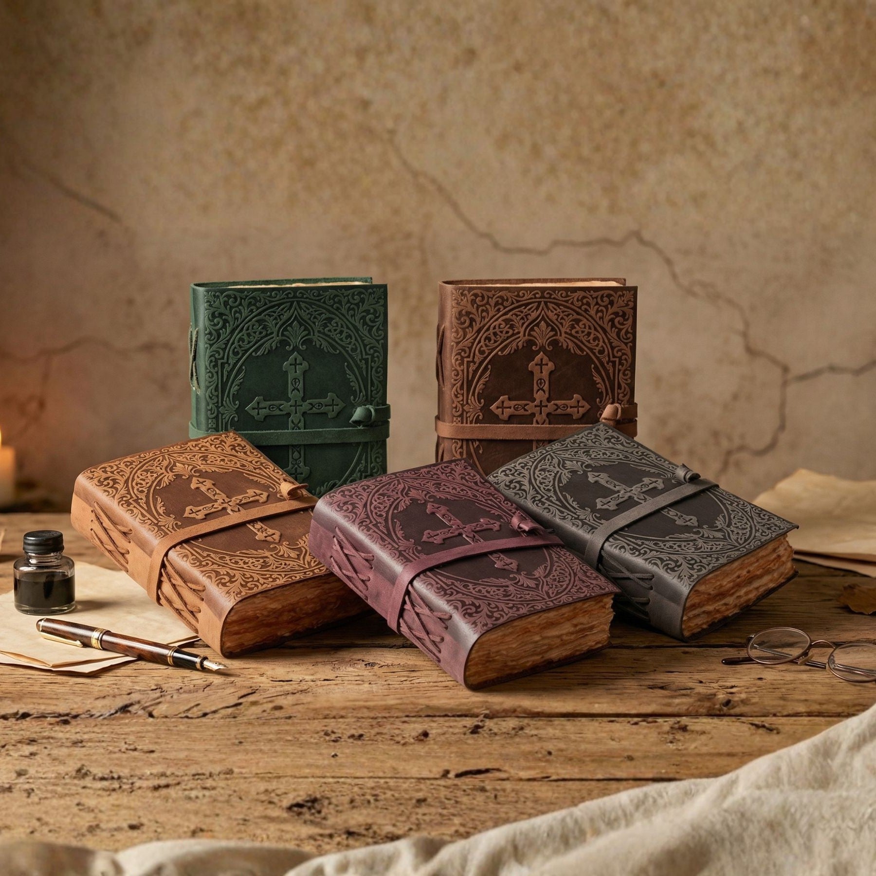 Distressed black leather Bible with vintage inspired artwork