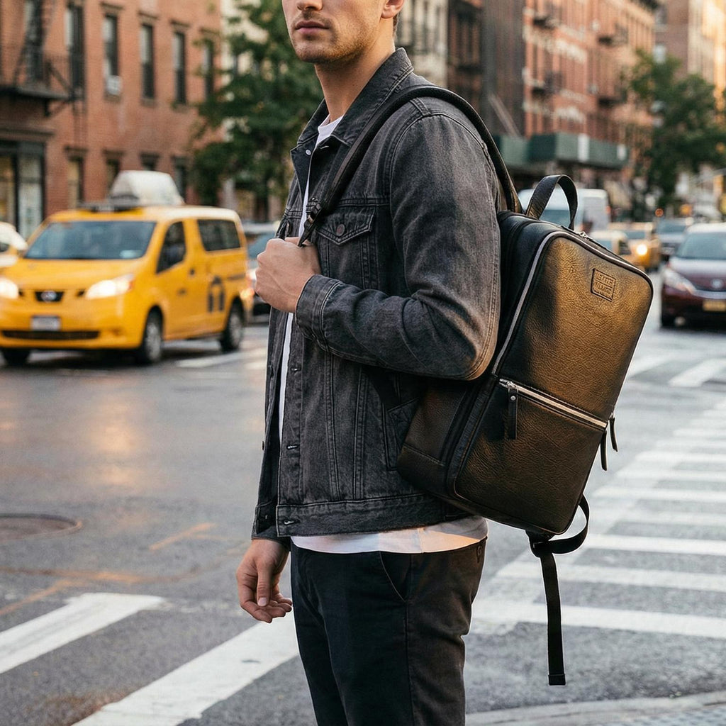 Black Leather Laptop Backpack for Work & Travel