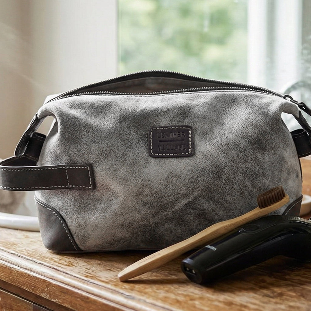 Leather Village Genuine Leather Toiletry Organizer in Grey with Easy Carry Handle