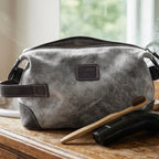 Leather Village Genuine Leather Toiletry Organizer in Grey with Easy Carry Handle