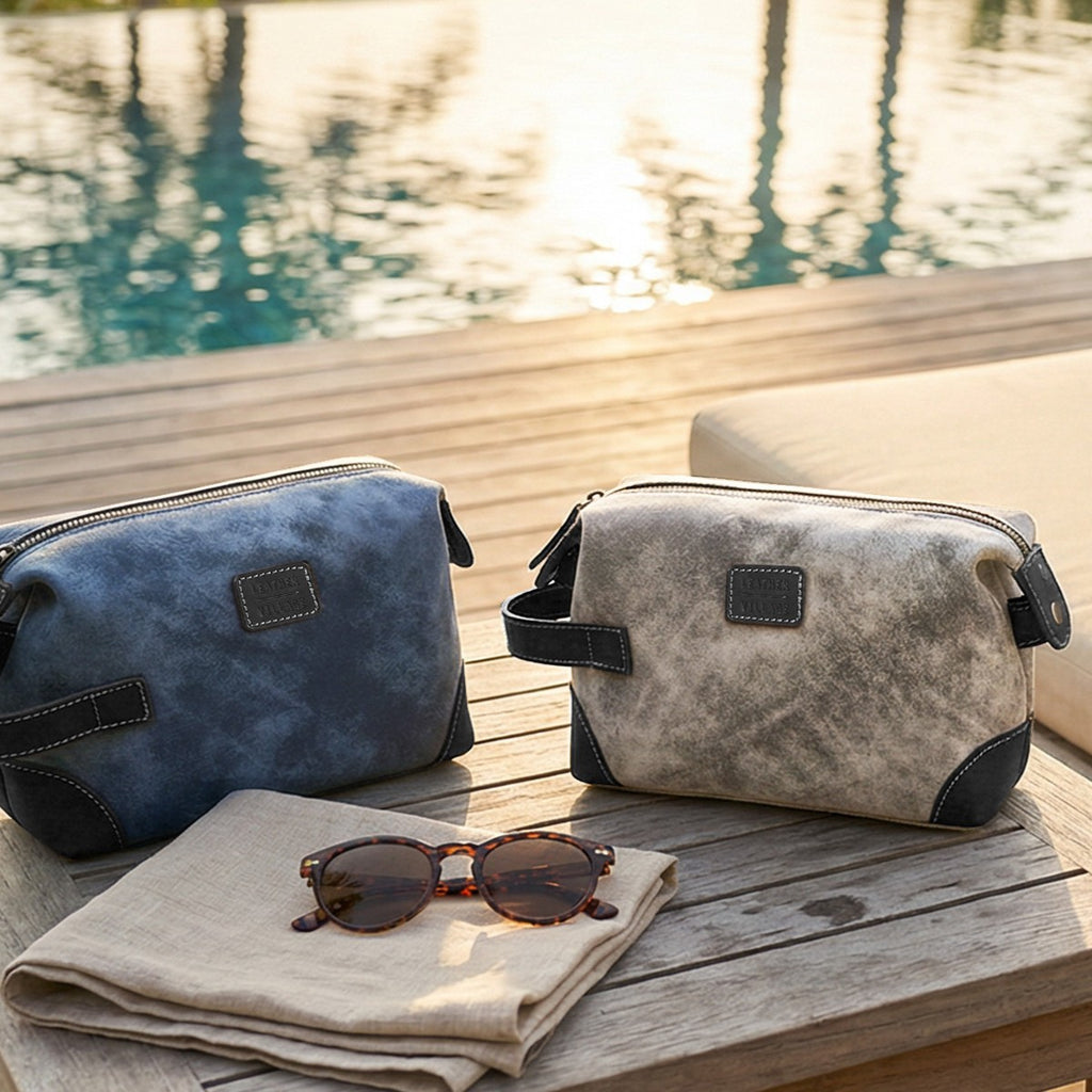 Leather Village Durable Grey Leather Grooming Bag for Toiletries and Accessories