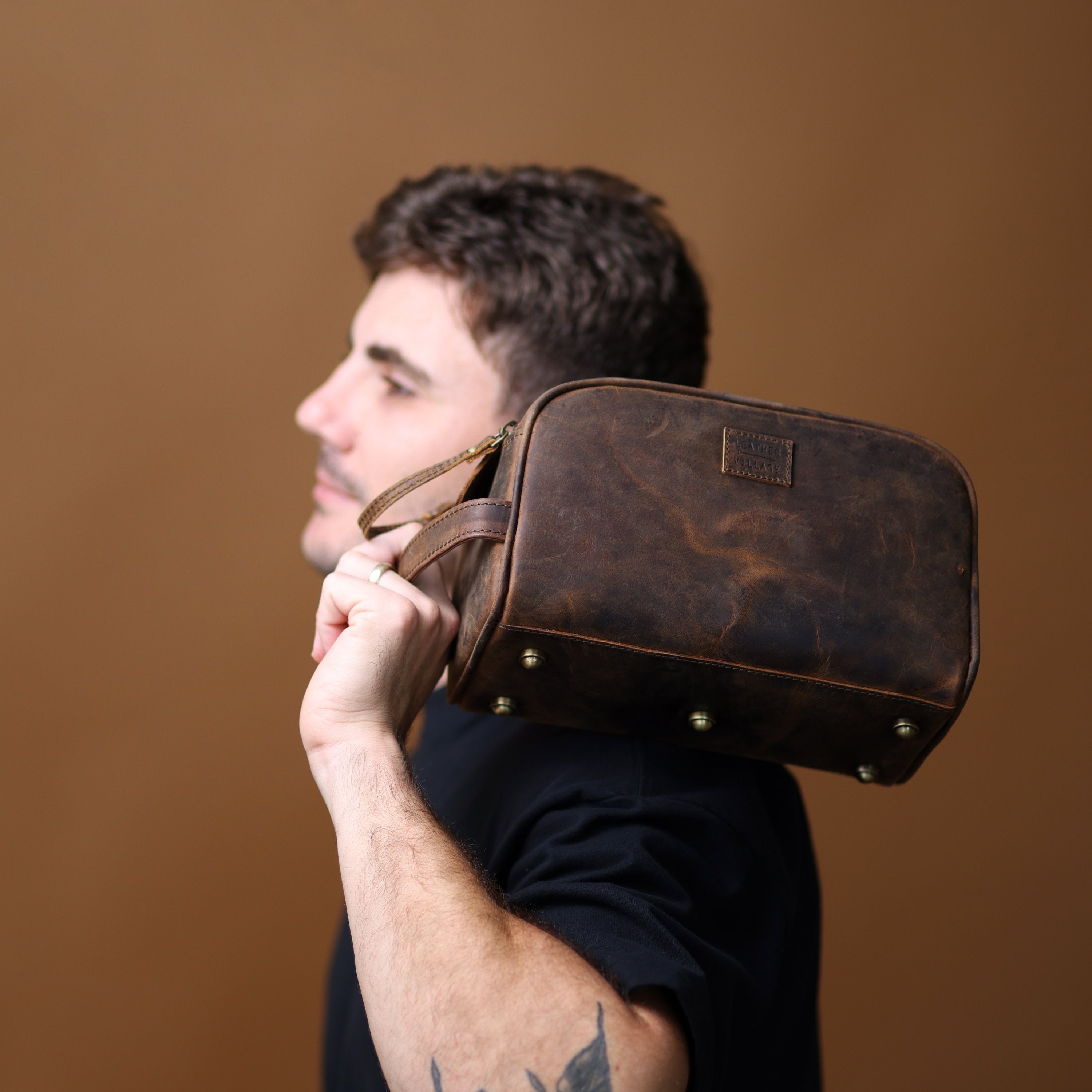 Distressed Brown Leather Toiletry Bag for Travel