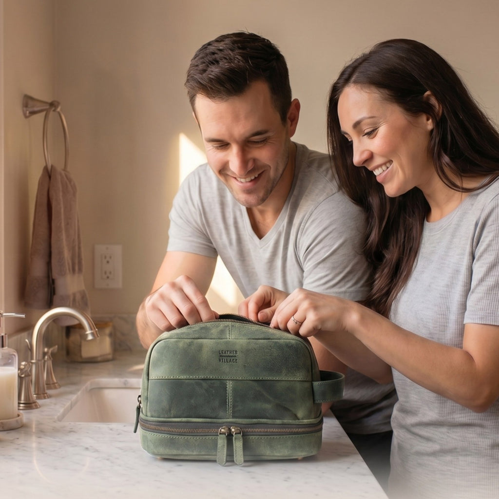 Leather Village Premium Olive Leather Dopp Kit for Business Travel and Daily Grooming