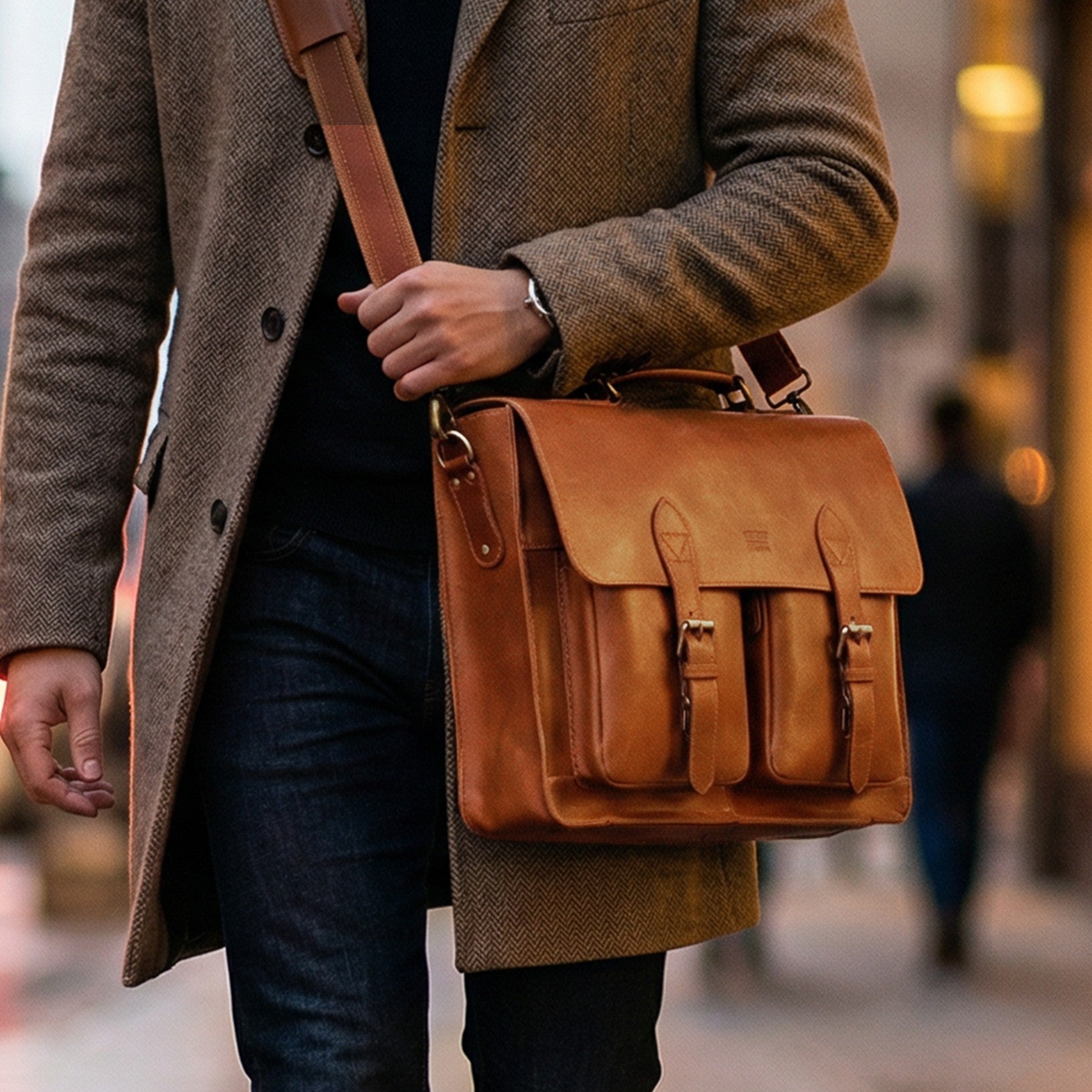 Briefcase Leather Messenger Bag - Tan