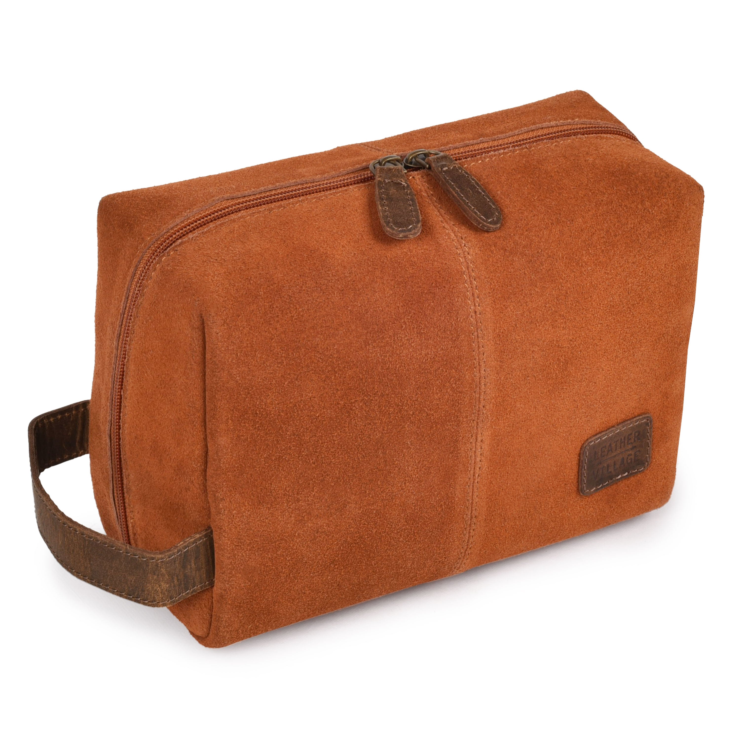 Travel Makeup Bag for Women – Large Capacity Suede Leather Cosmetic Pouch with Handle, Inner Pockets & Wide Opening – Flat Open Toiletry Organizer for Travel & Daily Use Leather Village