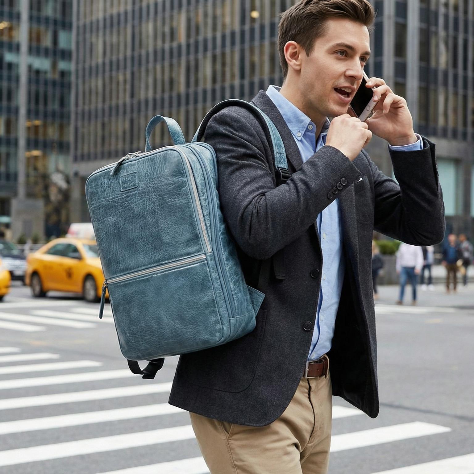 Teal Blue Leather Laptop Backpack for Work & Travel Leather Village