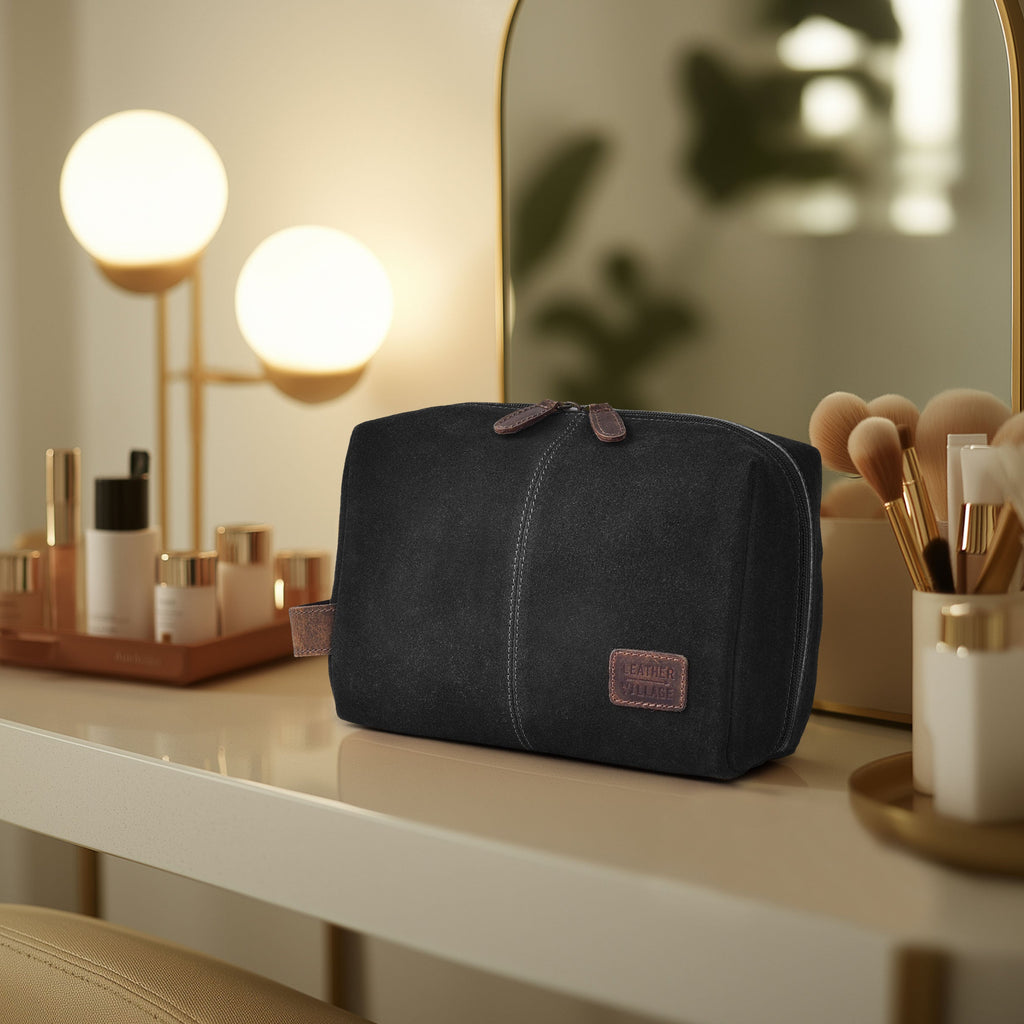 Travel Makeup Bag for Women – Large Capacity Suede Leather Cosmetic Pouch with Handle, Inner Pockets & Wide Opening – Flat Open Toiletry Organizer for Travel & Daily Use