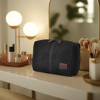 Travel Makeup Bag for Women – Large Capacity Suede Leather Cosmetic Pouch with Handle, Inner Pockets & Wide Opening – Flat Open Toiletry Organizer for Travel & Daily Use