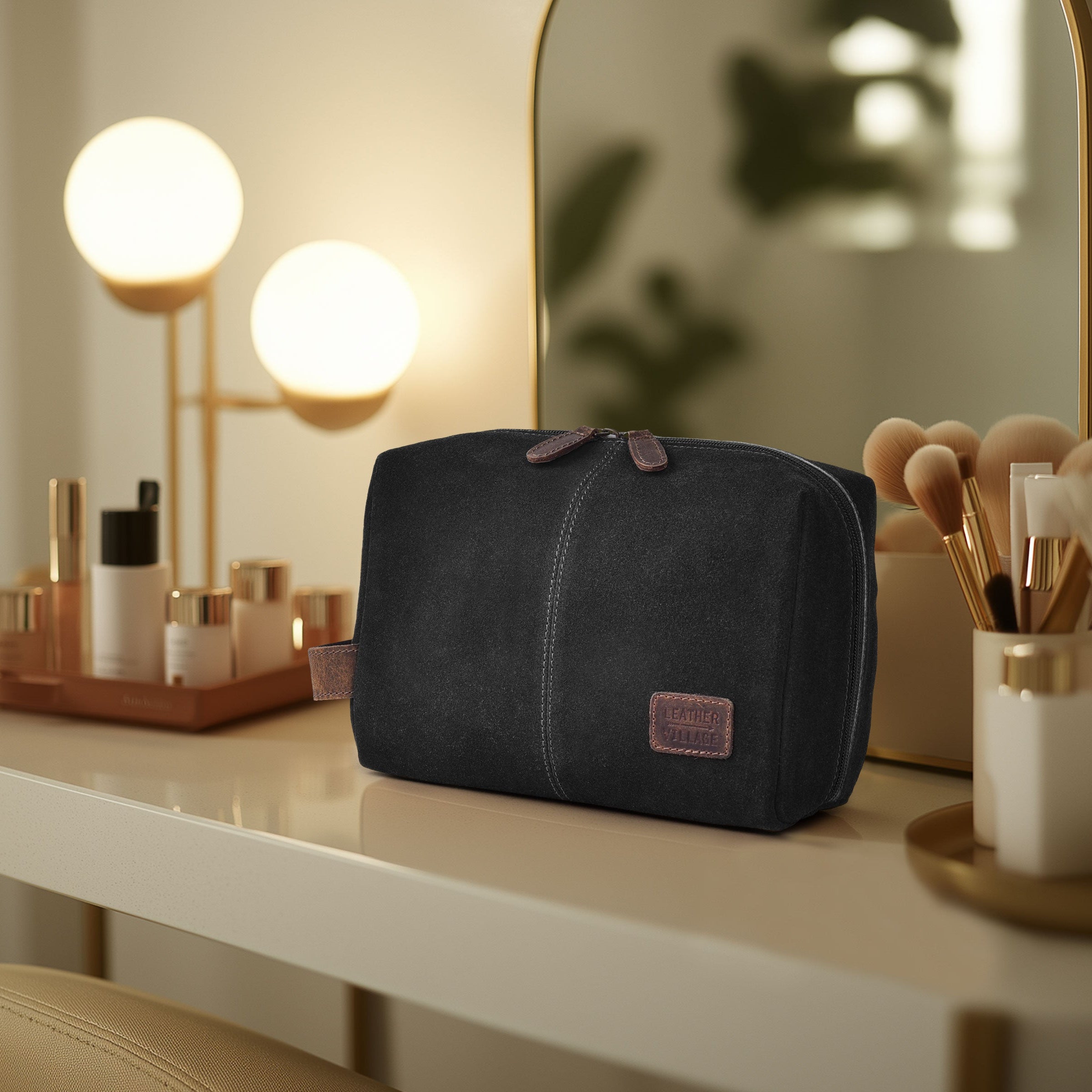 Travel Makeup Bag for Women – Large Capacity Suede Leather Cosmetic Pouch with Handle, Inner Pockets & Wide Opening – Flat Open Toiletry Organizer for Travel & Daily Use