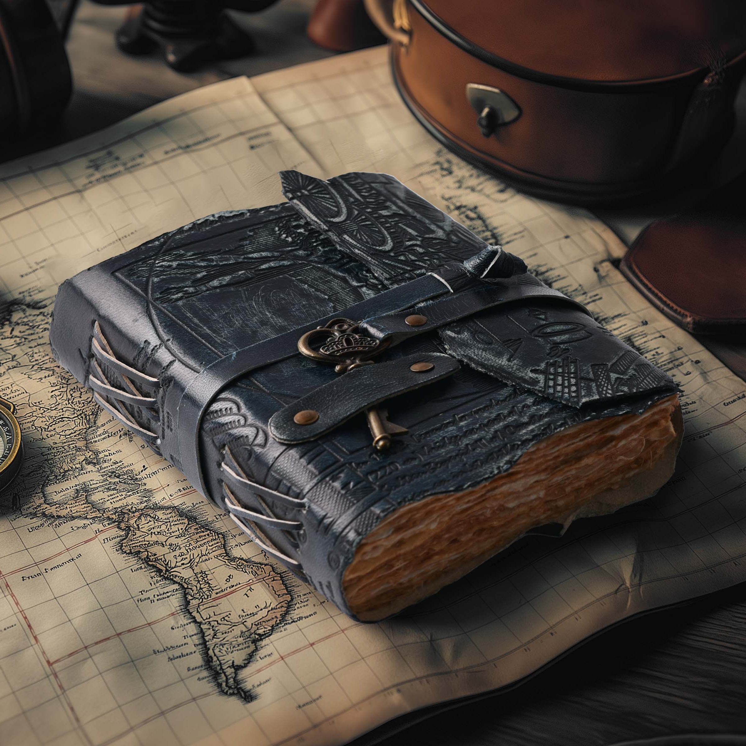 Genuine Leather Handmade Journal for Men & Women- Key Closure-Handmade Embossed Journal- 7x5 Inches- Black