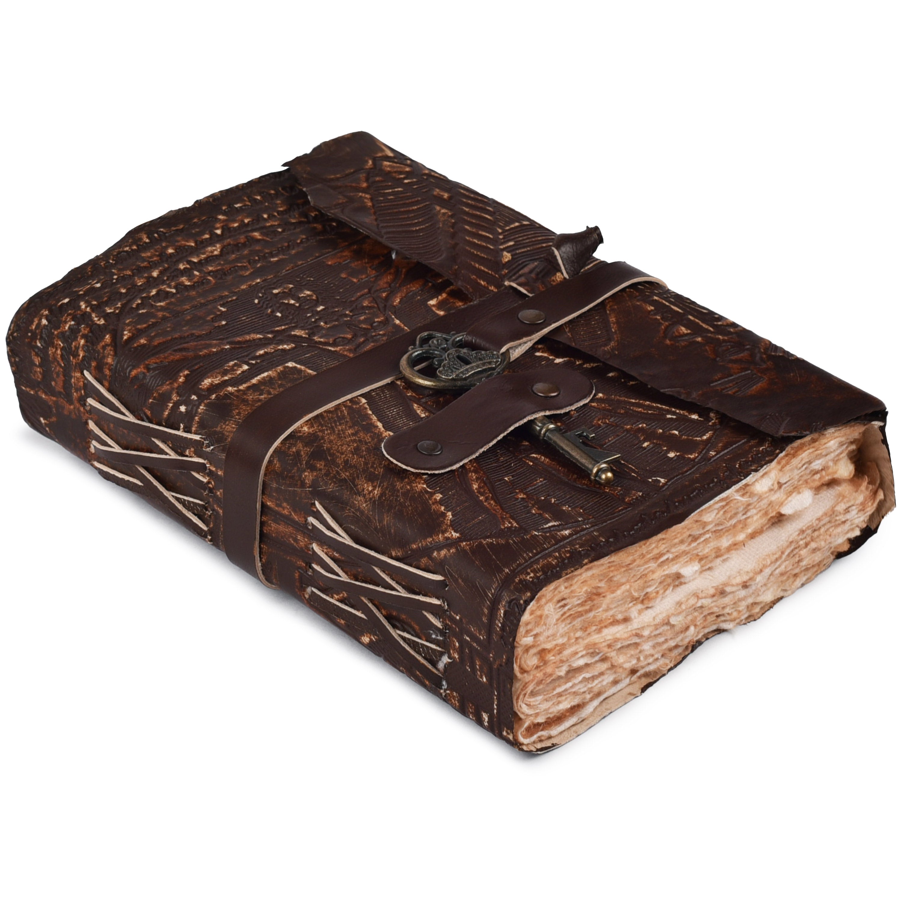 Genuine Leather Handmade Journal for Men & Women- Key Closure-Handmade Embossed Journal- 7x5 Inches- Black