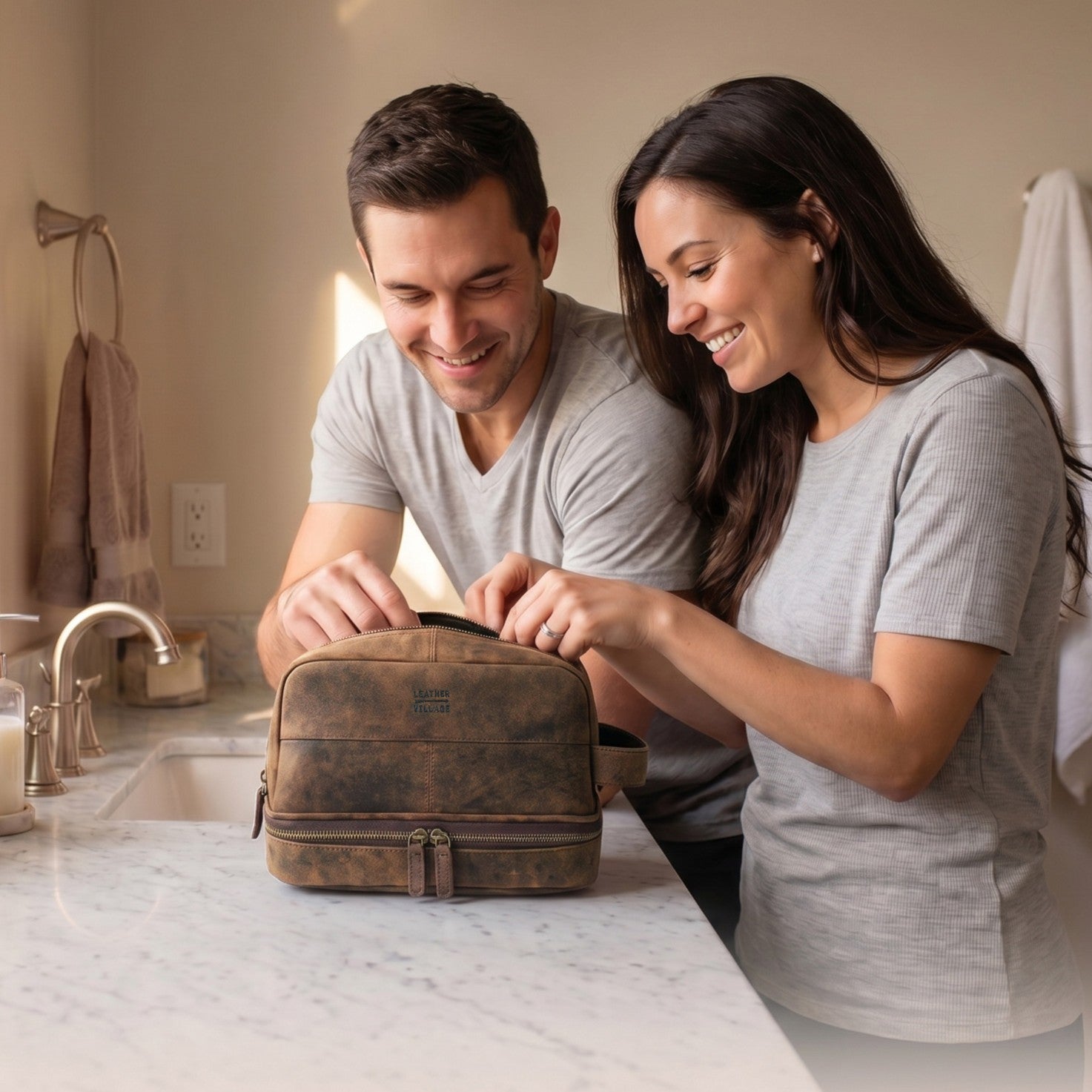 Leather Village Durable Distressed Brown Leather Dopp Kit for Toiletries and Accessories