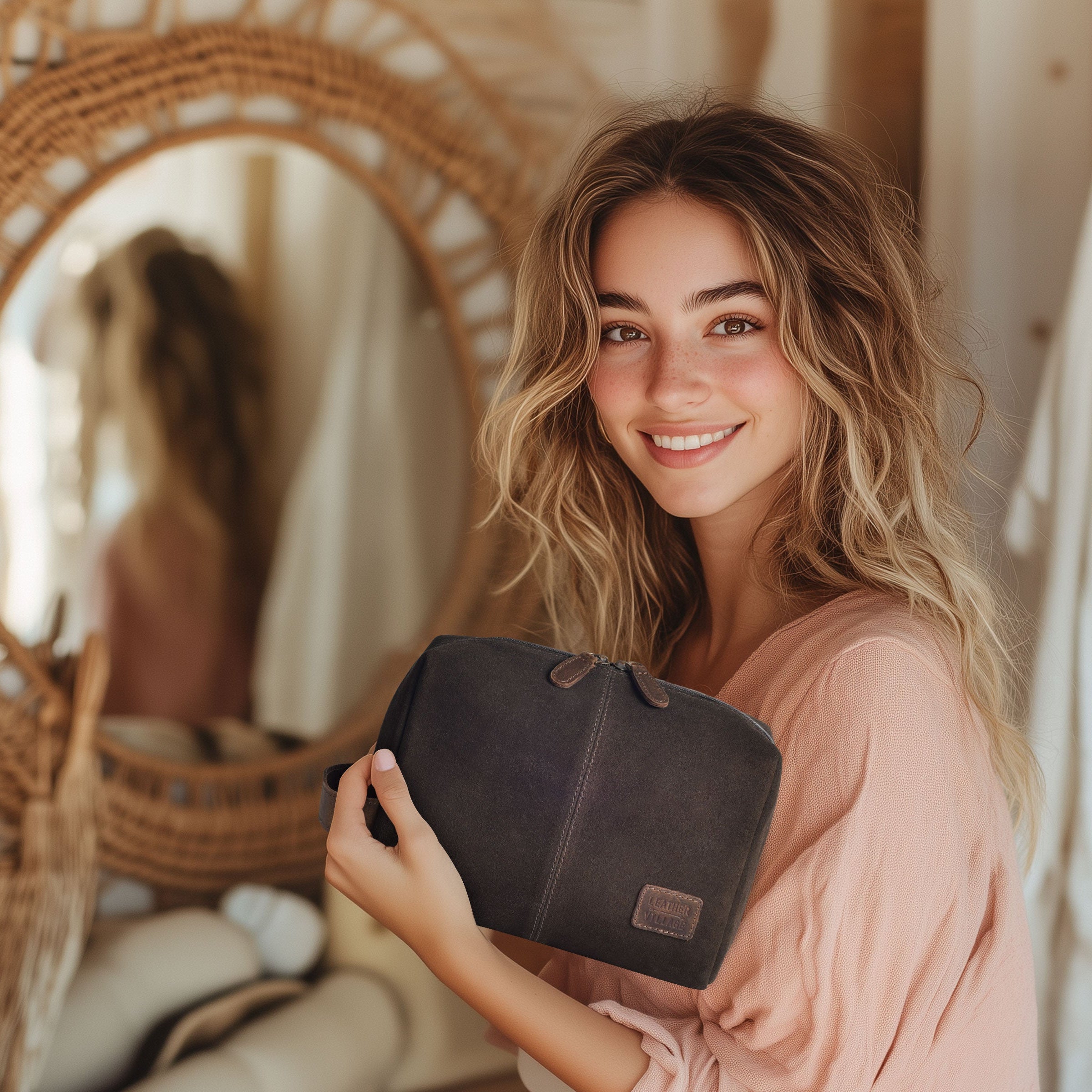 Travel Makeup Bag for Women – Large Capacity Suede Leather Cosmetic Pouch with Handle, Inner Pockets & Wide Opening – Flat Open Toiletry Organizer for Travel & Daily Use