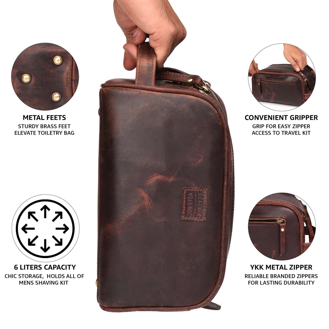 Leather Toiletry Bag for Men, Travel Essentials Shaving Dopp Kit, Mens Travel Bag Toiletries Organizer Case for Grooming, Water Resistant Cosmetic Bag Pouch