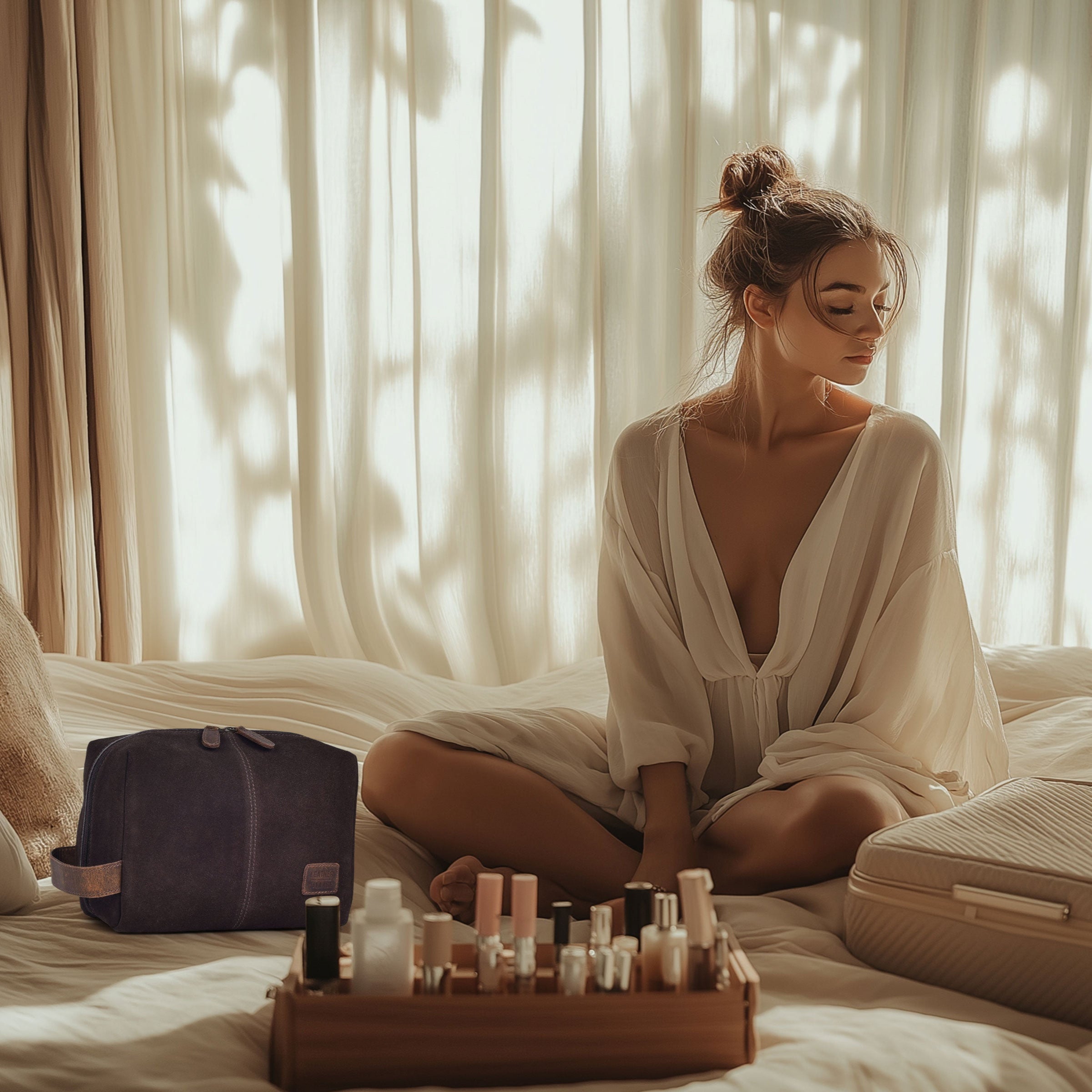 Travel Makeup Bag for Women – Large Capacity Suede Leather Cosmetic Pouch with Handle, Inner Pockets & Wide Opening – Flat Open Toiletry Organizer for Travel & Daily Use