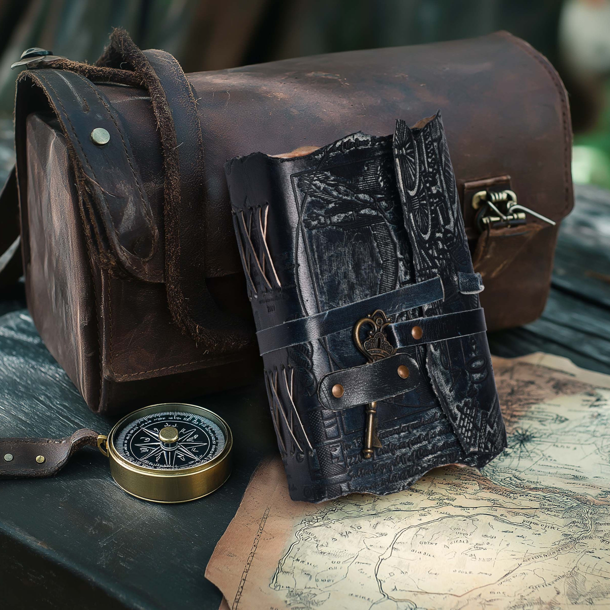 Genuine Leather Handmade Journal for Men & Women- Key Closure-Handmade Embossed Journal- 7x5 Inches- Black