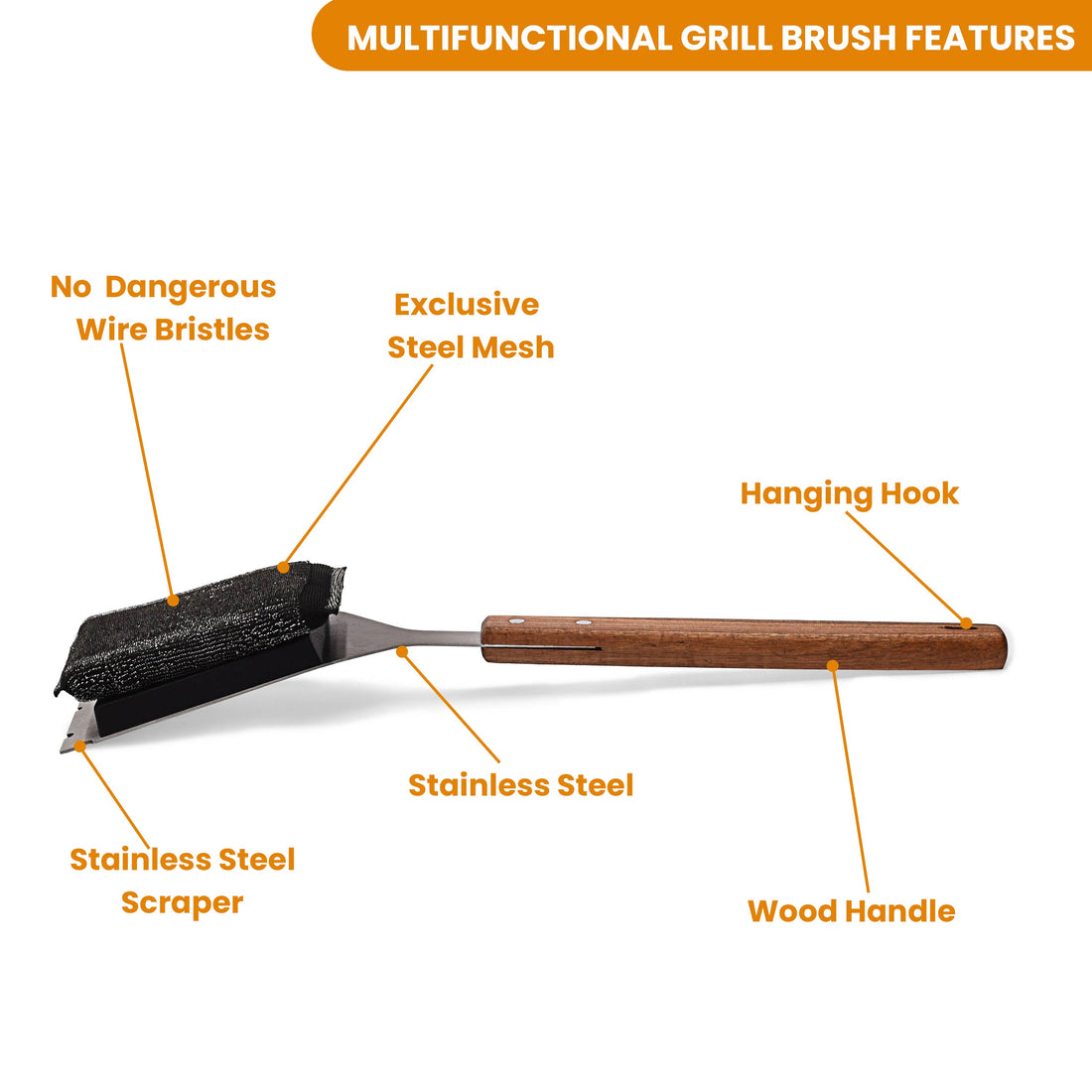 Grill Scrubber and Scraper for Barbecue with Replaceable Scrubber Head – Grill Cleaner for Outdoor Grill with Extended 16” Large Wooden Handle
