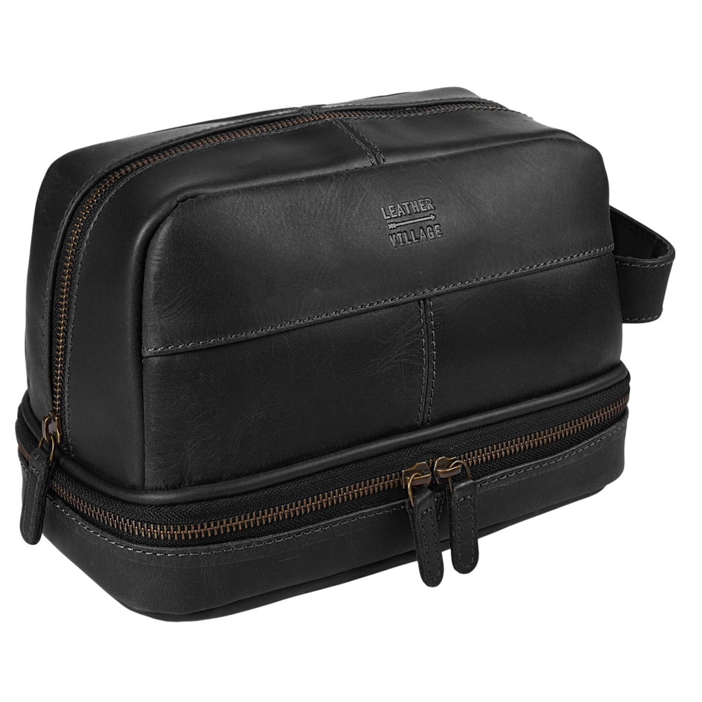 Leather Village Black Leather Toiletry Bag for Men with Dual Zip Compartments