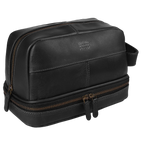 Leather Village Black Leather Toiletry Bag for Men with Dual Zip Compartments