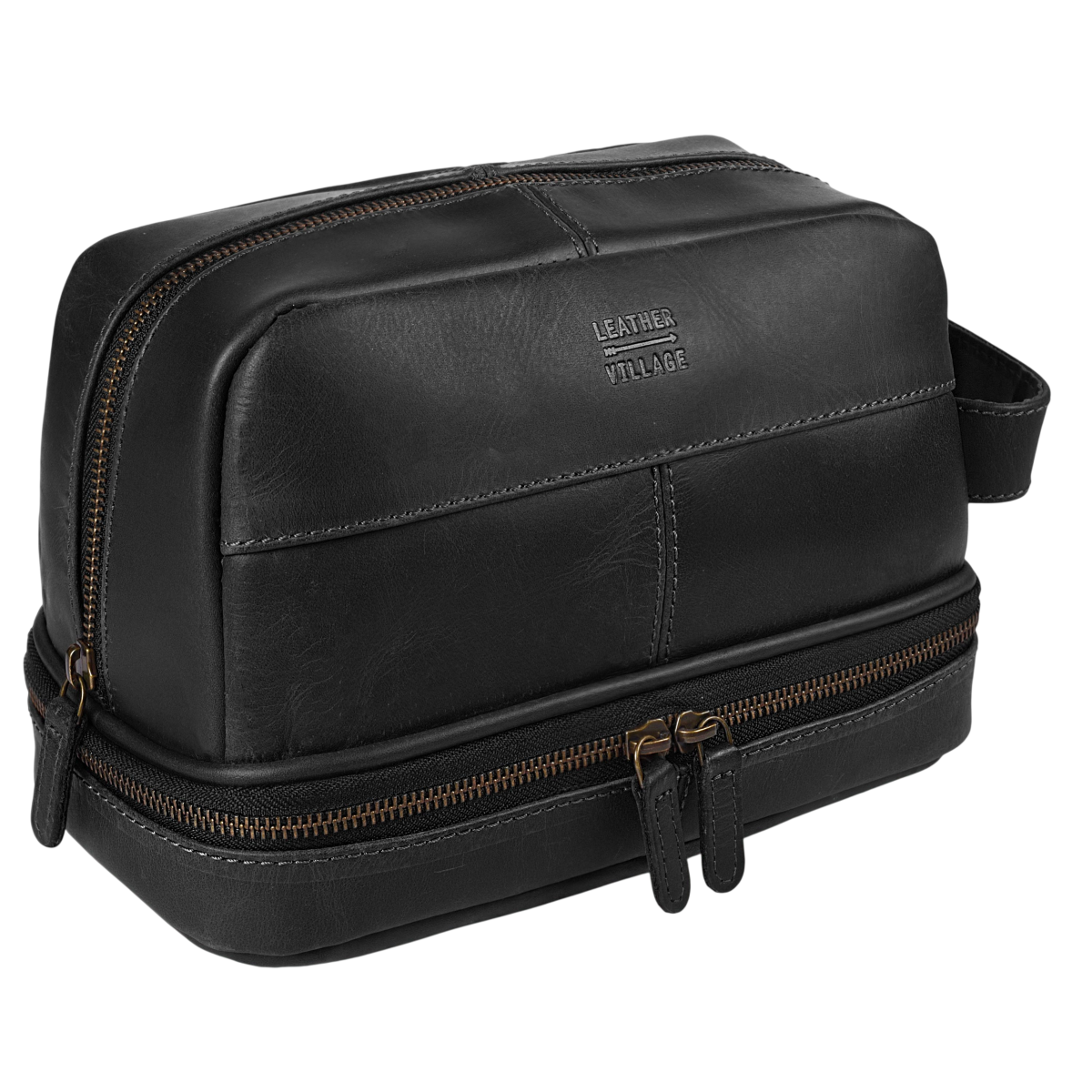 Leather Village Black Leather Toiletry Bag for Men with Dual Zip Compartments