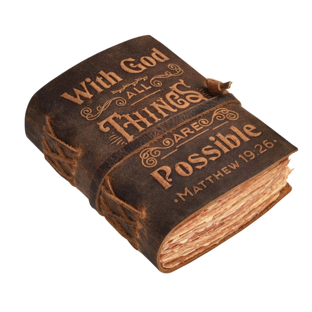Vintage distressed brown leather Bible with With God All Things Are Possible verse