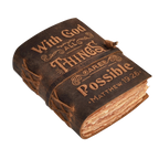 Vintage distressed brown leather Bible with With God All Things Are Possible verse