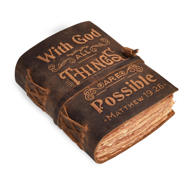 Leather Bound Vintage Bible Journal – With God All Things Are Possible – Handmade Christian Journal for Women – 200 Deckle Edge Watercolor Pages – 7x5 Inch
