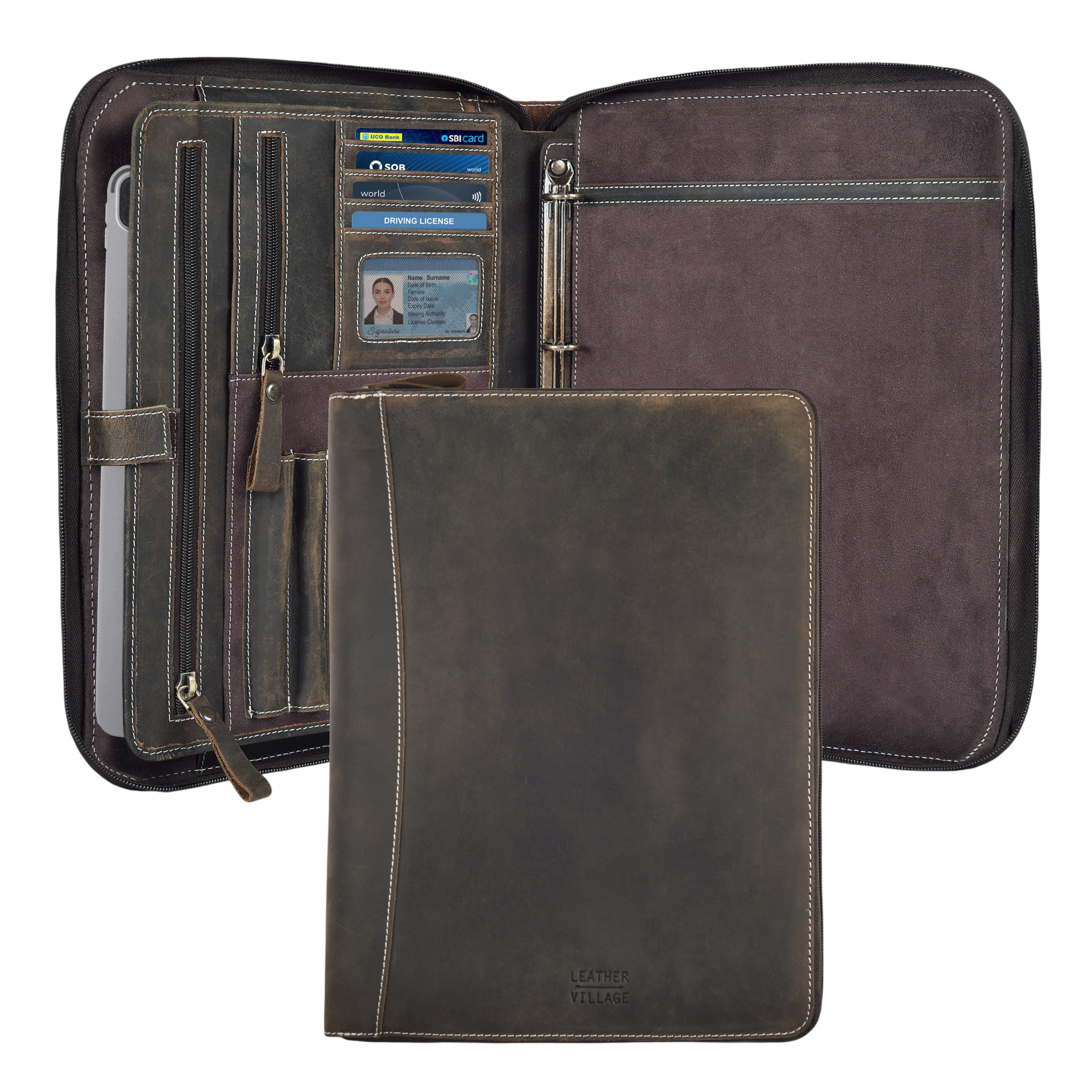 Leather Zipper Padfolio Ring Binder Organizer for Men & Women -Brown