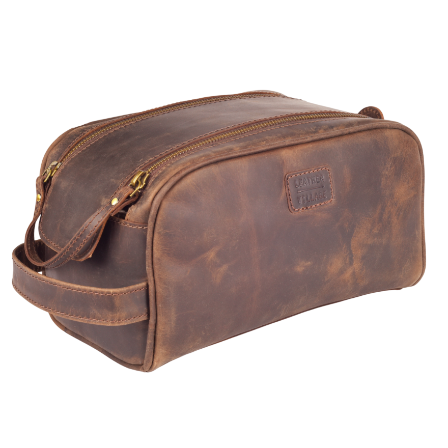 Distressed Brown Leather Toiletry Bag for Travel