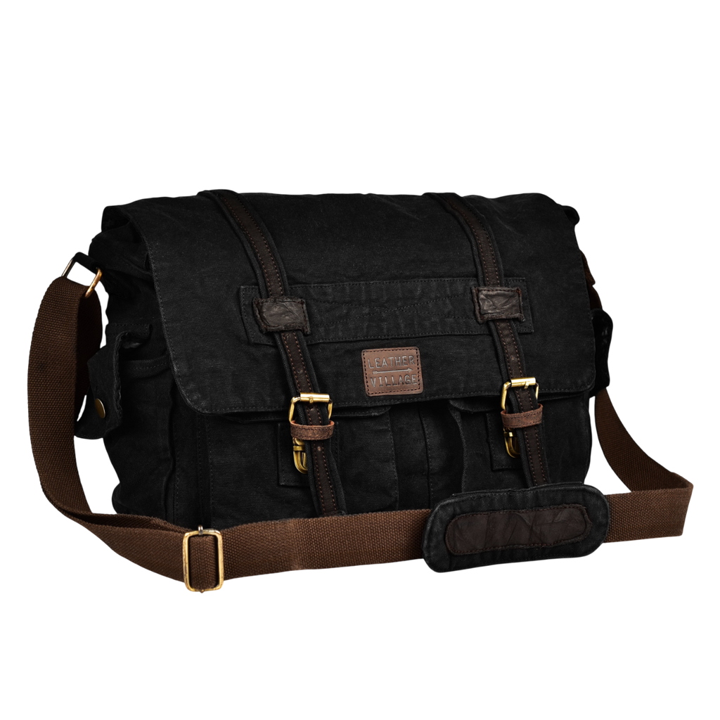 Canvas Messenger Shoulder Bag - Black